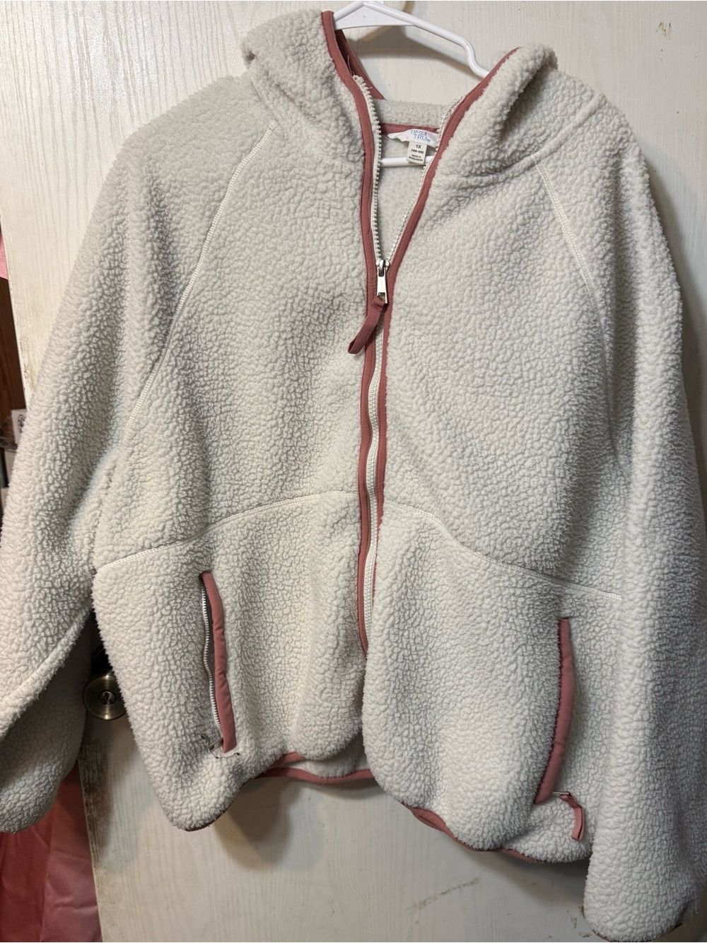 Time and Tru Cream Sherpa Zip Hoodie with Rose Trim